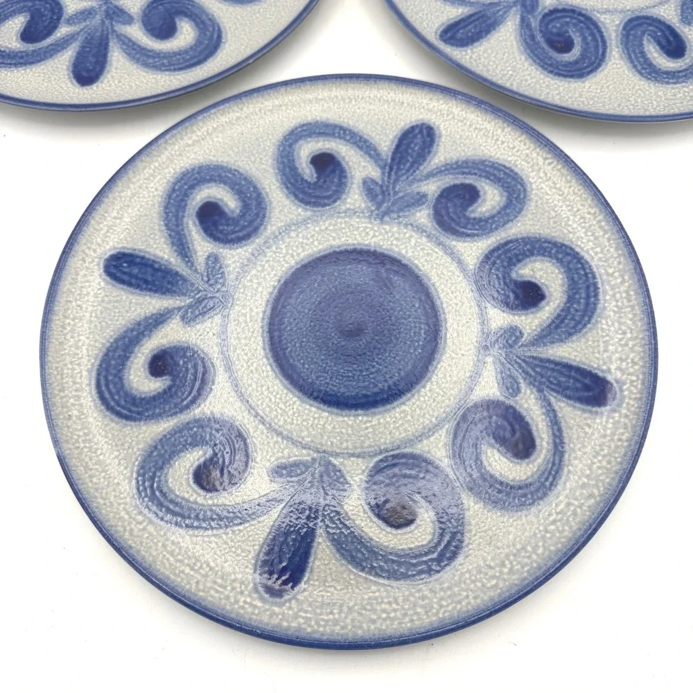 Vtg 1960s West Germany 4pc-10in 3 Plate Set & carrier Blue Salt Glazed Stoneware